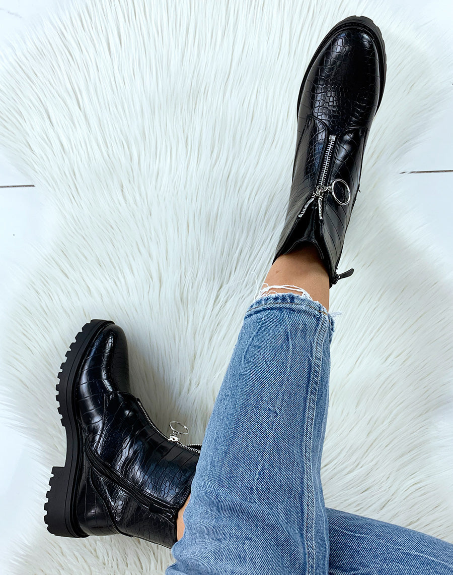 Bottines montantes effet croco noir à zip