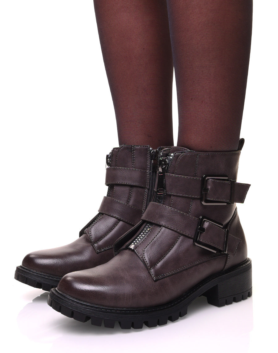 Bottines montantes grises à fermetures éclaires