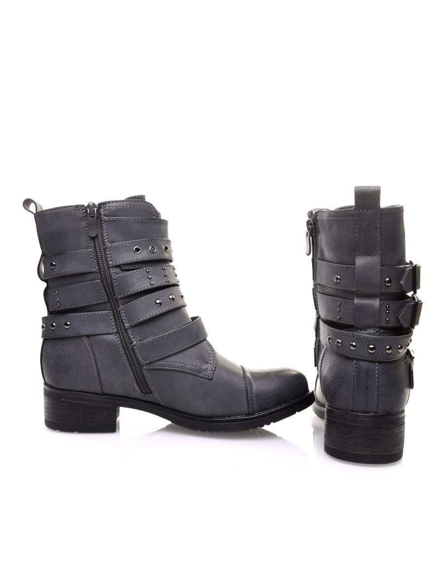 Bottines montantes grises à multiples brides