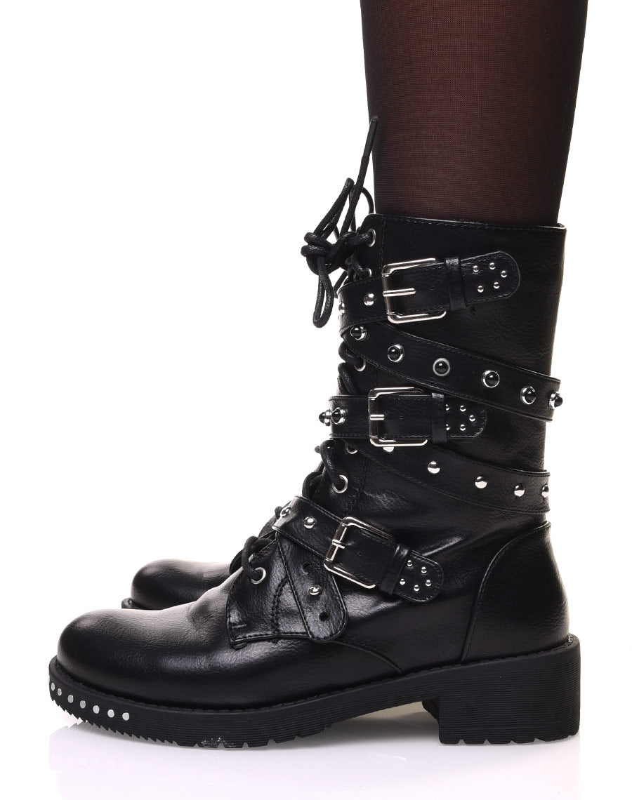 Bottines montantes à lacets et sangles à détails clous
