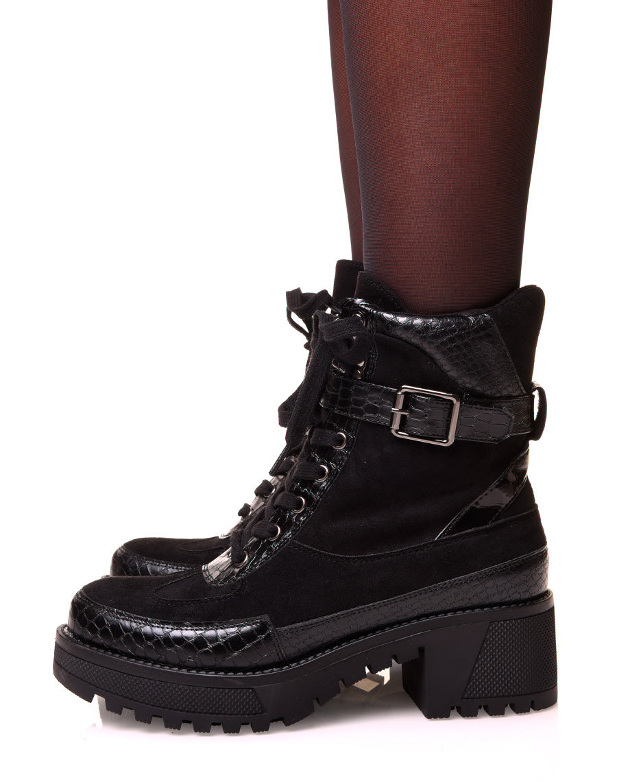 Bottines montantes noire bi-matières à bride