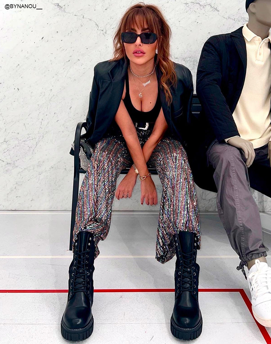 Bottines montantes noires bi-matière à semelle talonnée et crantée