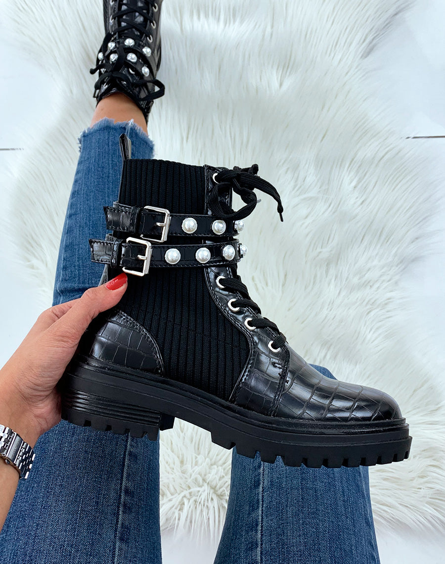 Bottines montantes noires effet croco
