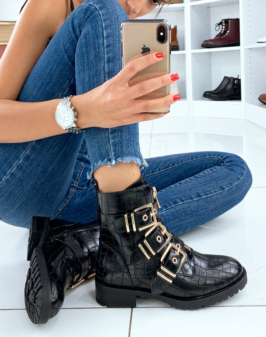 Bottines montantes noires effet croco à boucles dorés
