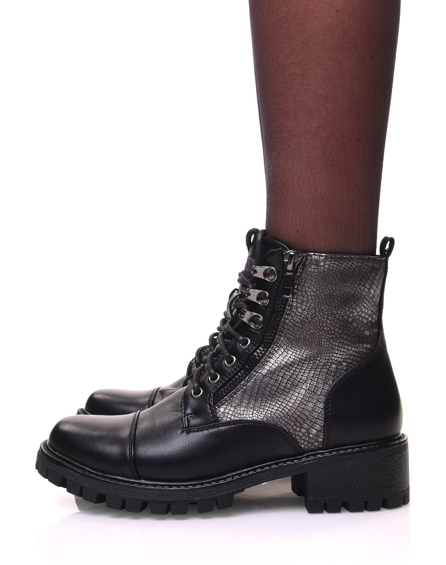 Bottines montantes noires à lacets et effet croco argenté