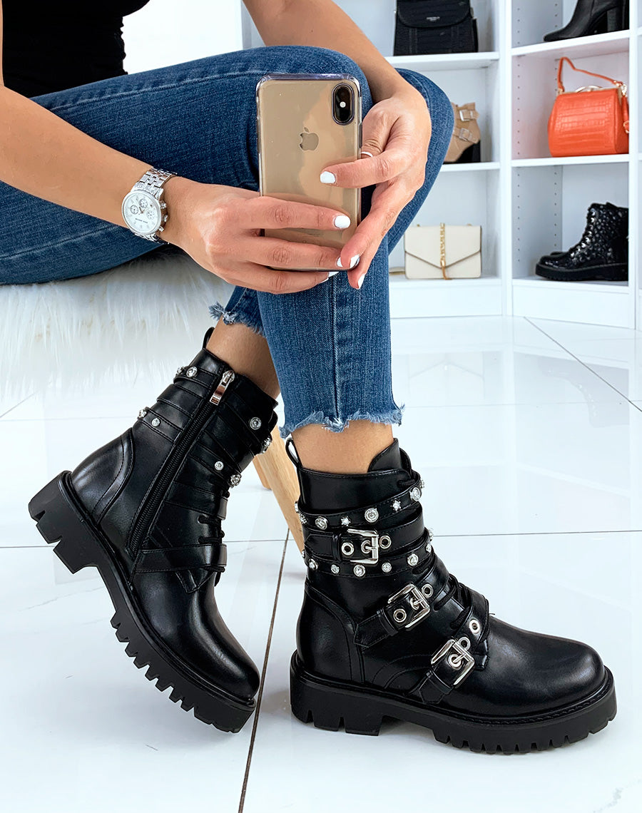 Bottines montantes noires à multiples lanières