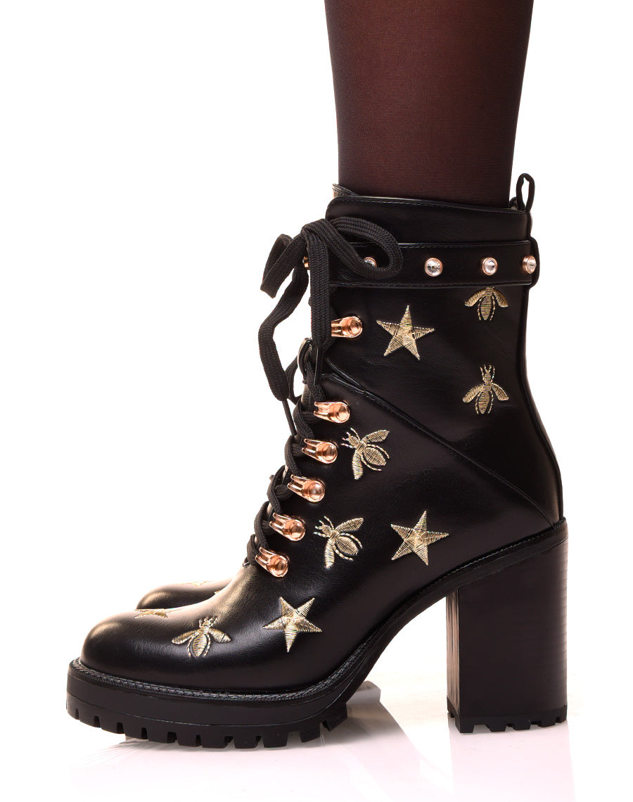 Bottines montantes noires à talons brodées