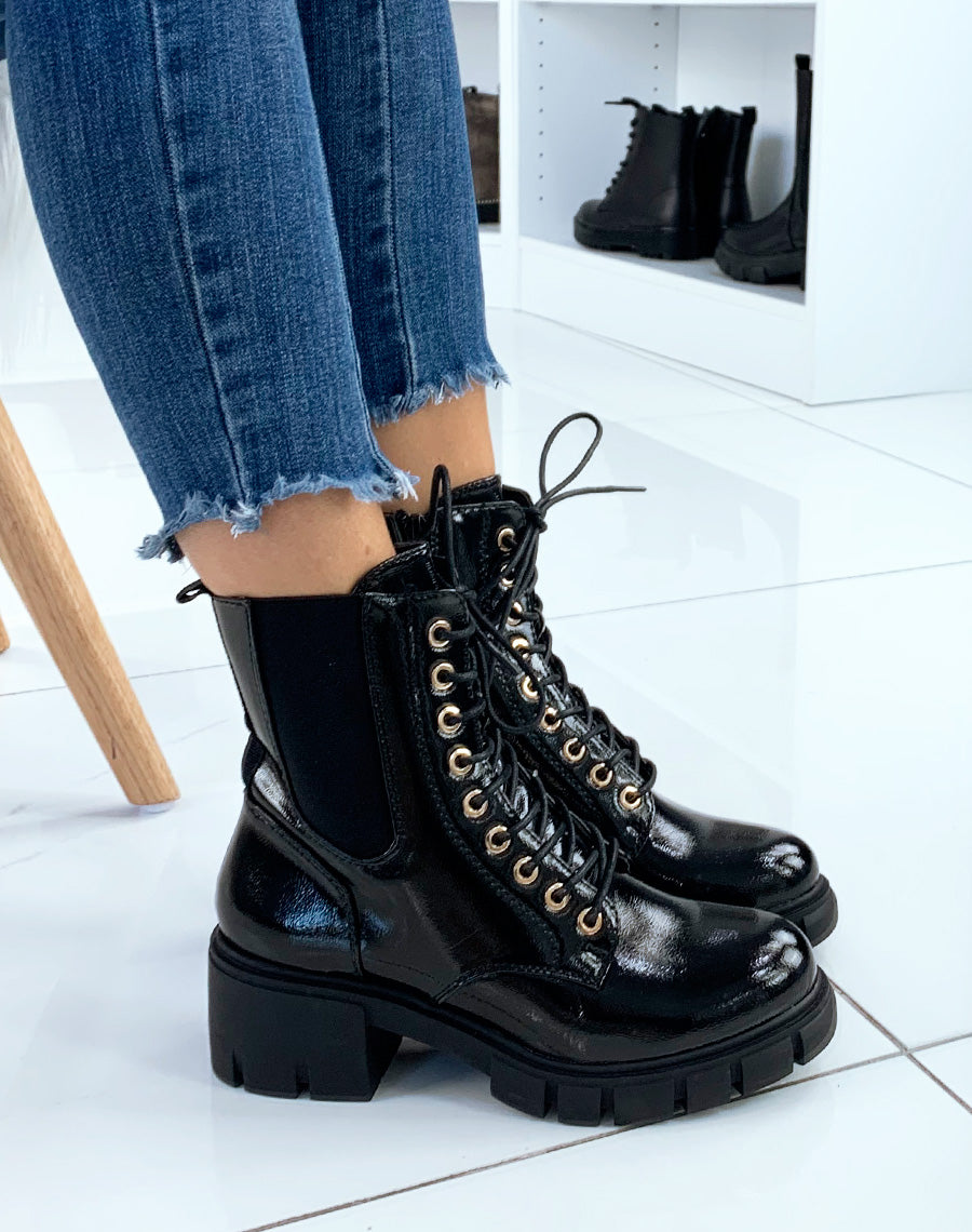 Bottines montantes vernies noires à talon mi-haut