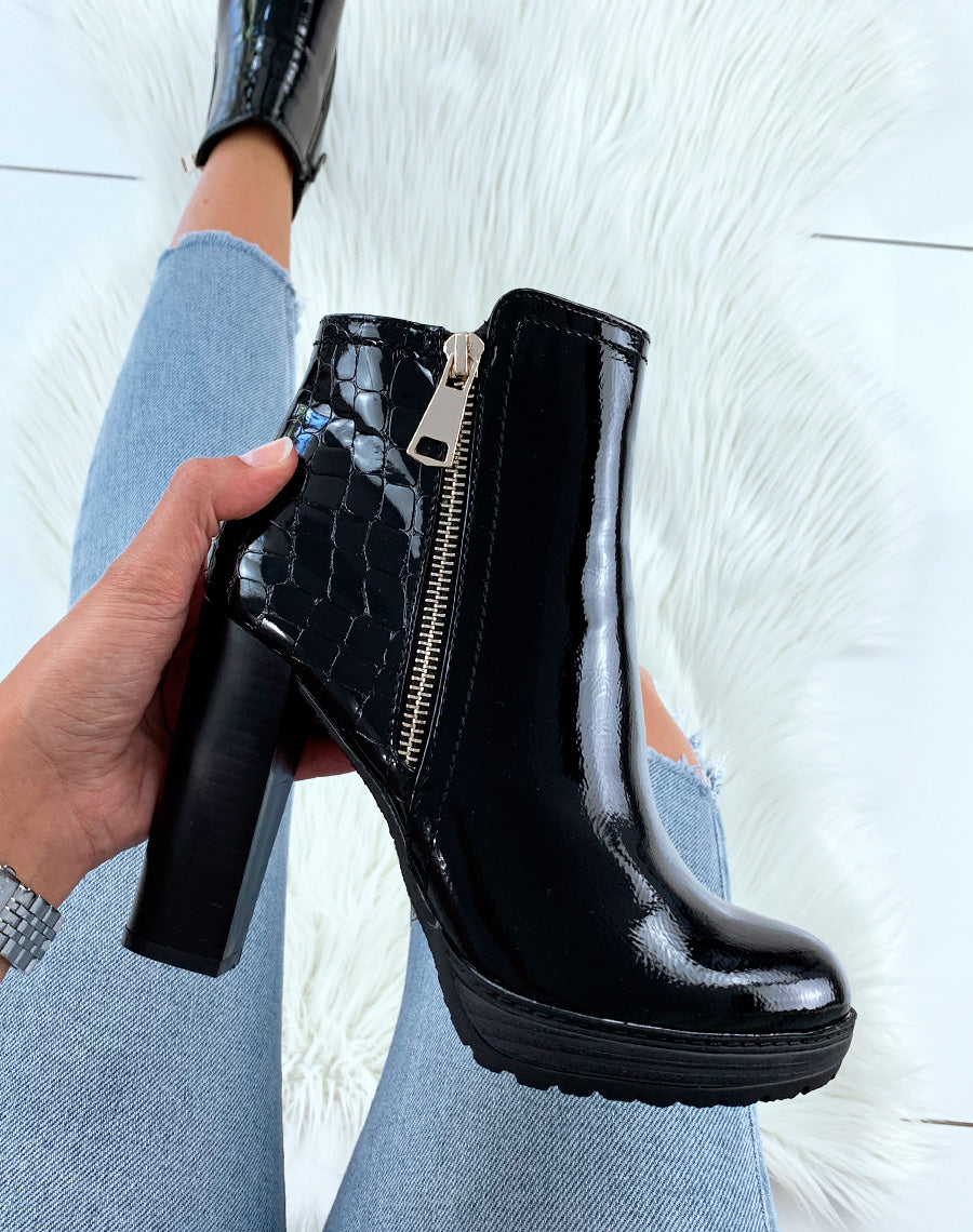 Bottines noir vernis effet croco à talon