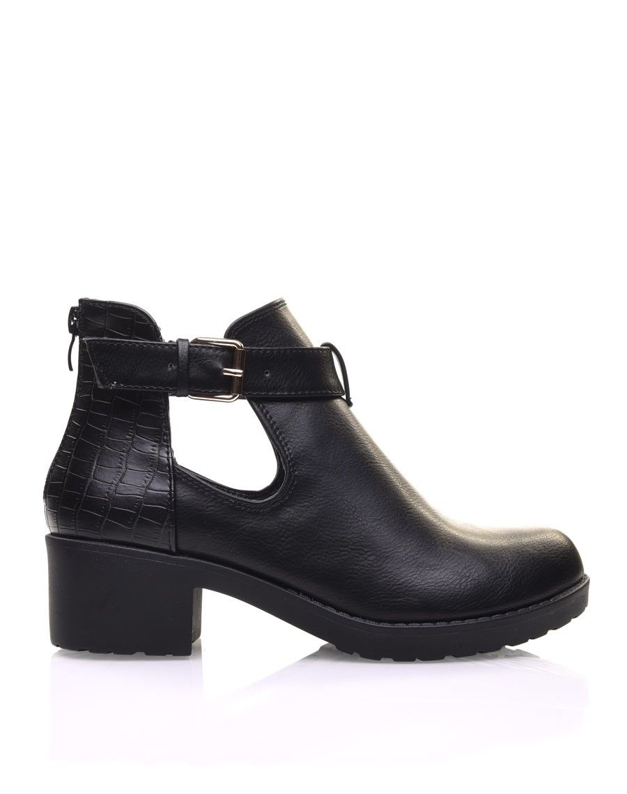 Bottines noires ajourées à petit talon et boucle