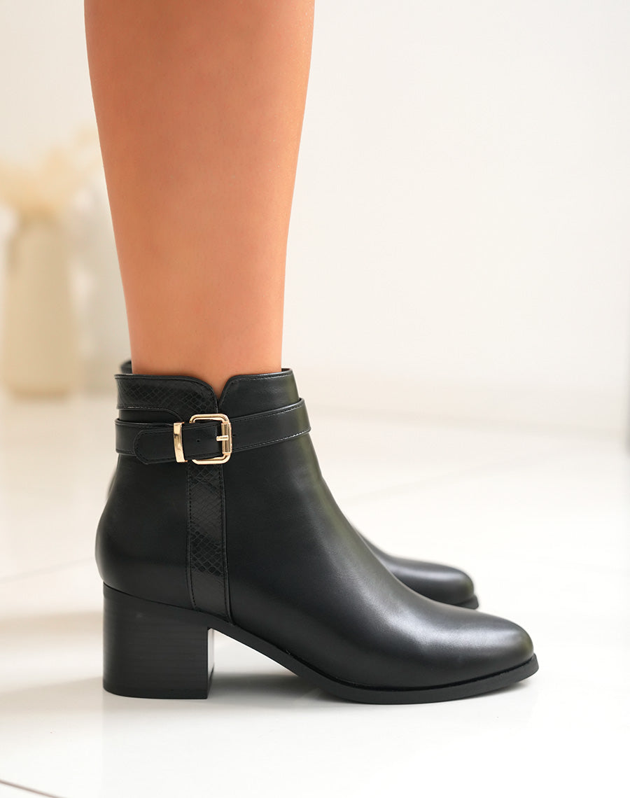 Bottines Noires Bi-Matière avec Sangle Dorée - Confort et Raffinement