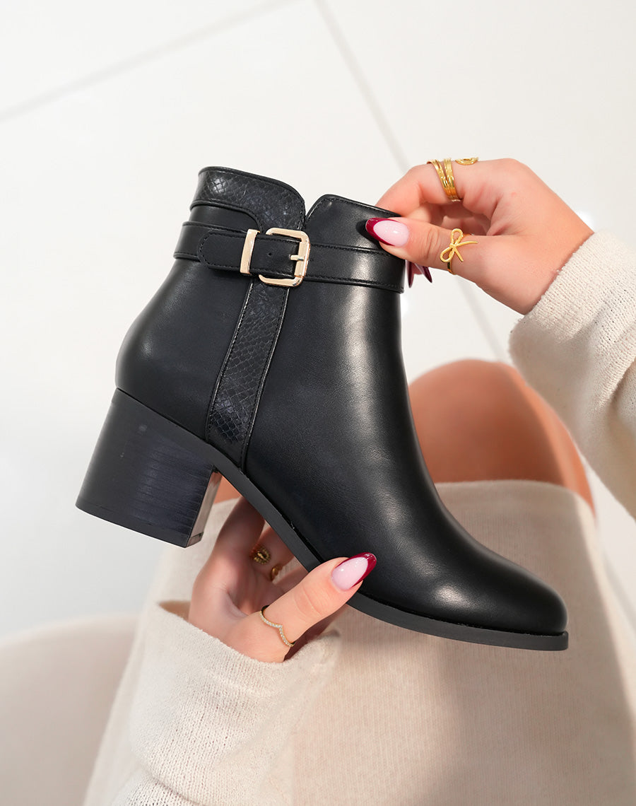 Bottines Noires Bi-Matière avec Sangle Dorée - Confort et Raffinement