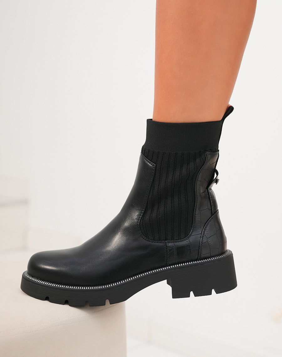 Bottines noires bi-matière à effet croco et chaussette latérale