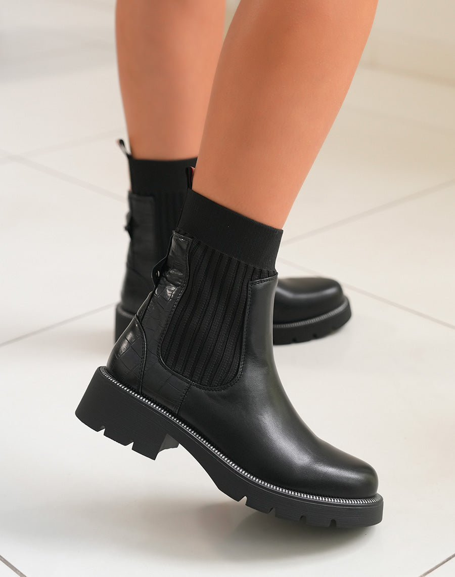 Bottines noires bi-matière à effet croco et chaussette latérale