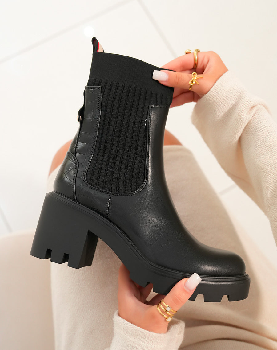 Bottines noires bi-matière style chelsea à talon