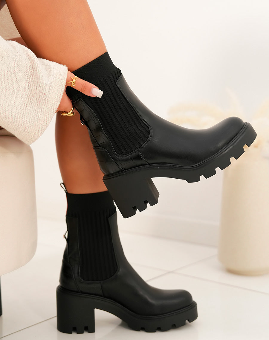 Bottines noires bi-matière style chelsea à talon