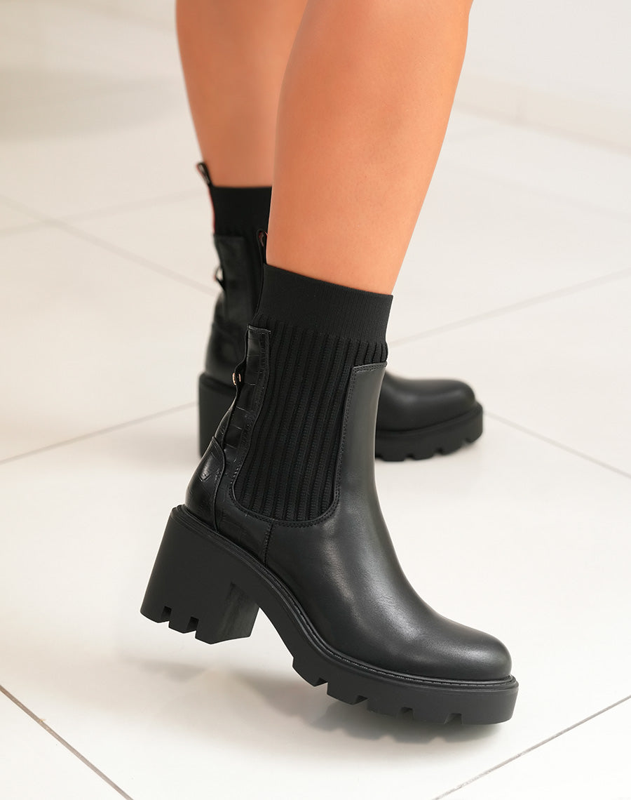 Bottines noires bi-matière style chelsea à talon