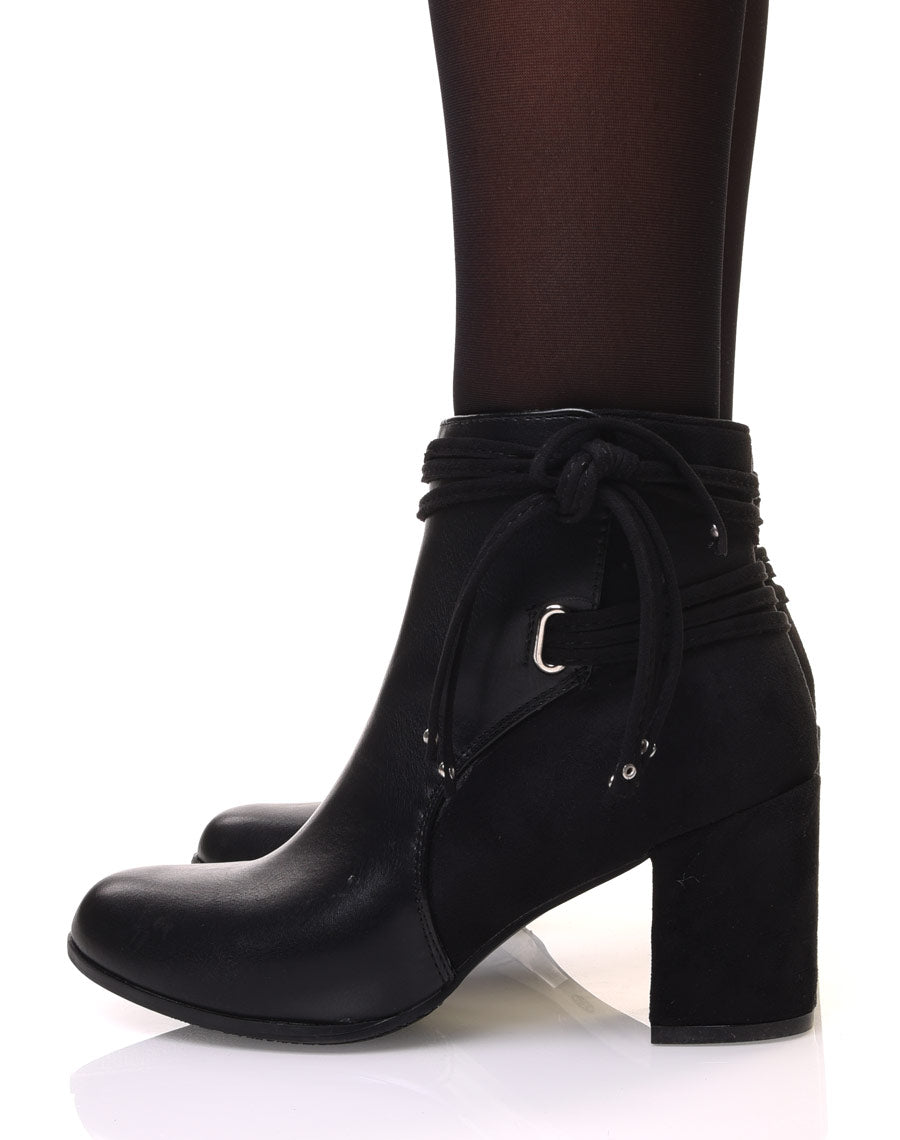 Bottines noires bi-matière à talons et détails liens