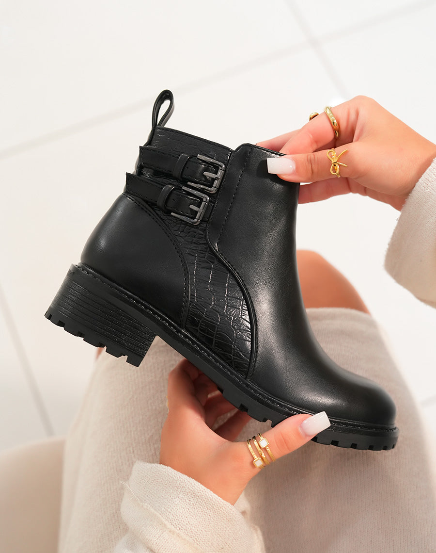Bottines Noires Bi-Matière : Une Fusion entre Élégance et Effet Croco