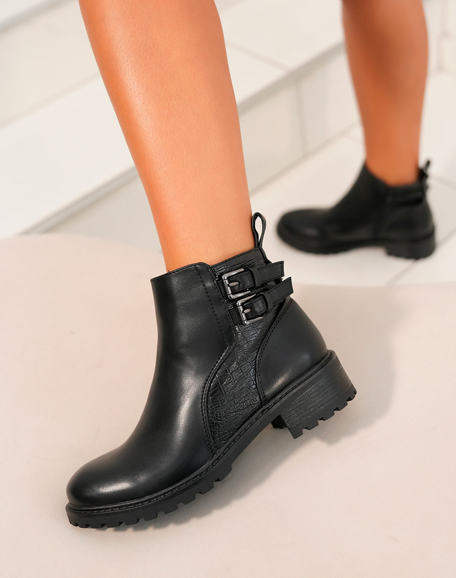 Bottines Noires Bi-Matière : Une Fusion entre Élégance et Effet Croco