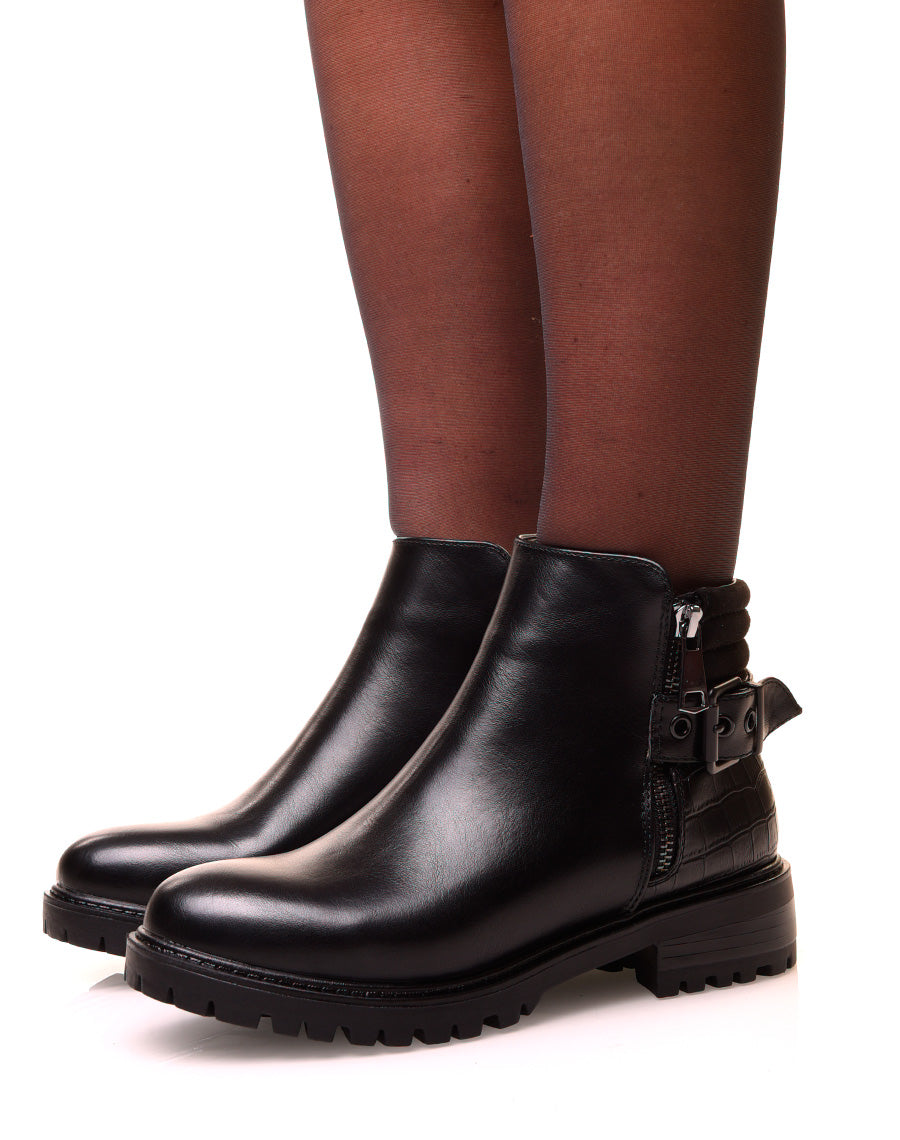 Bottines noires bi-matières avec sangle
