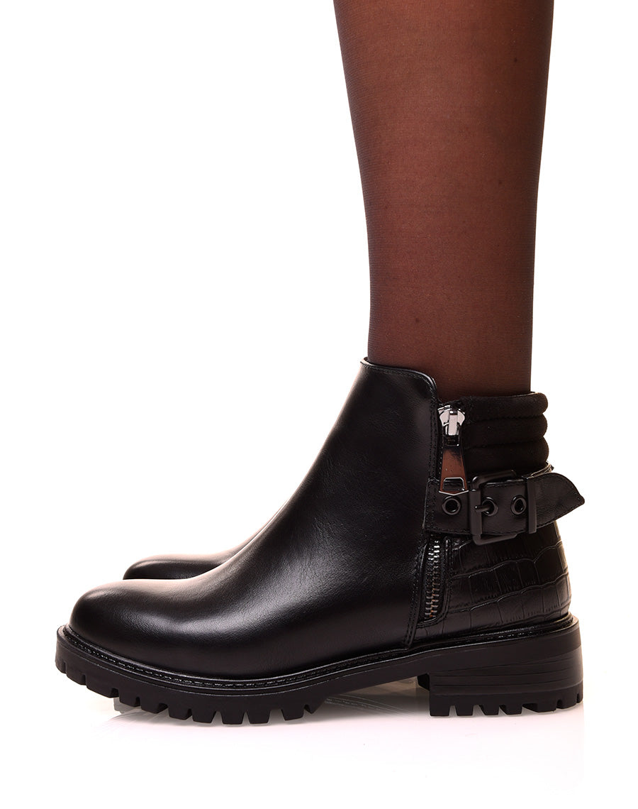Bottines noires bi-matières avec sangle