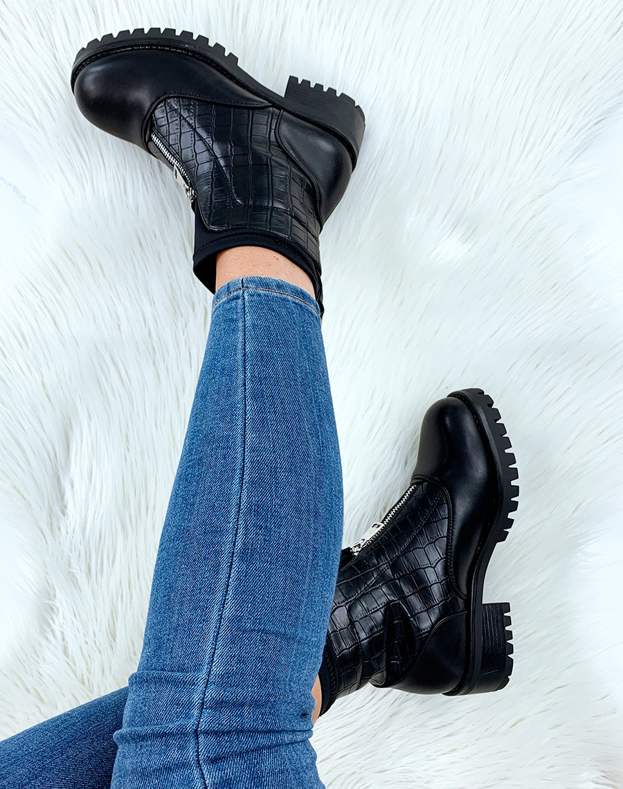 Bottines noires bi-matières effet chaussette