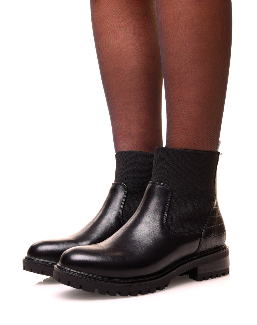 Bottines noires bi-matières à effet chaussette