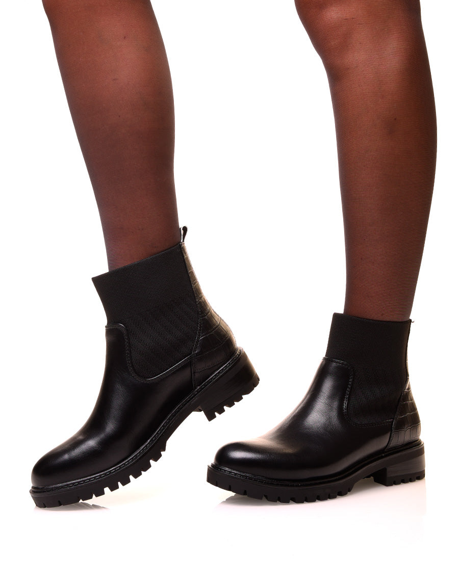 Bottines noires bi-matières à effet chaussette