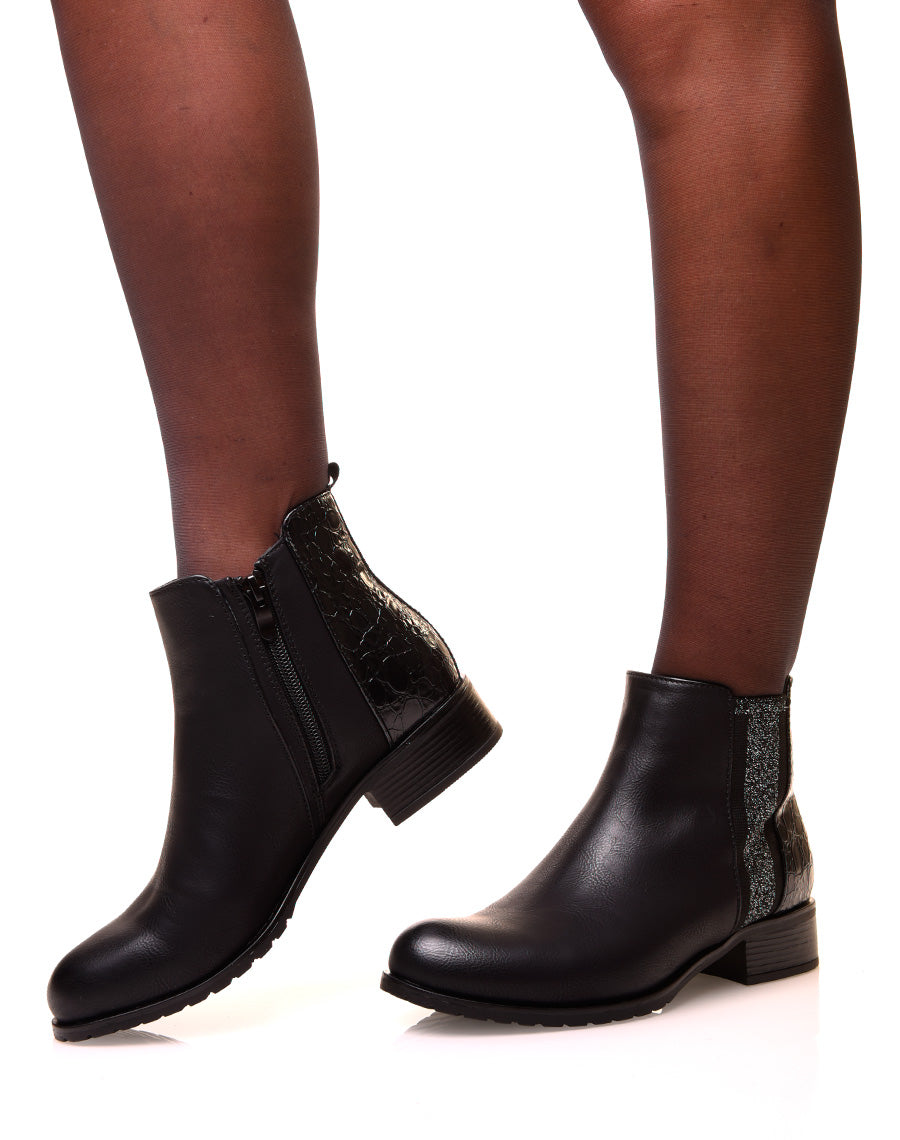 Bottines noires bi-matières effet croco