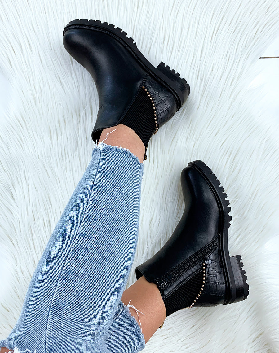 Bottines noires bi-matières à fermeture et détails clous dorés