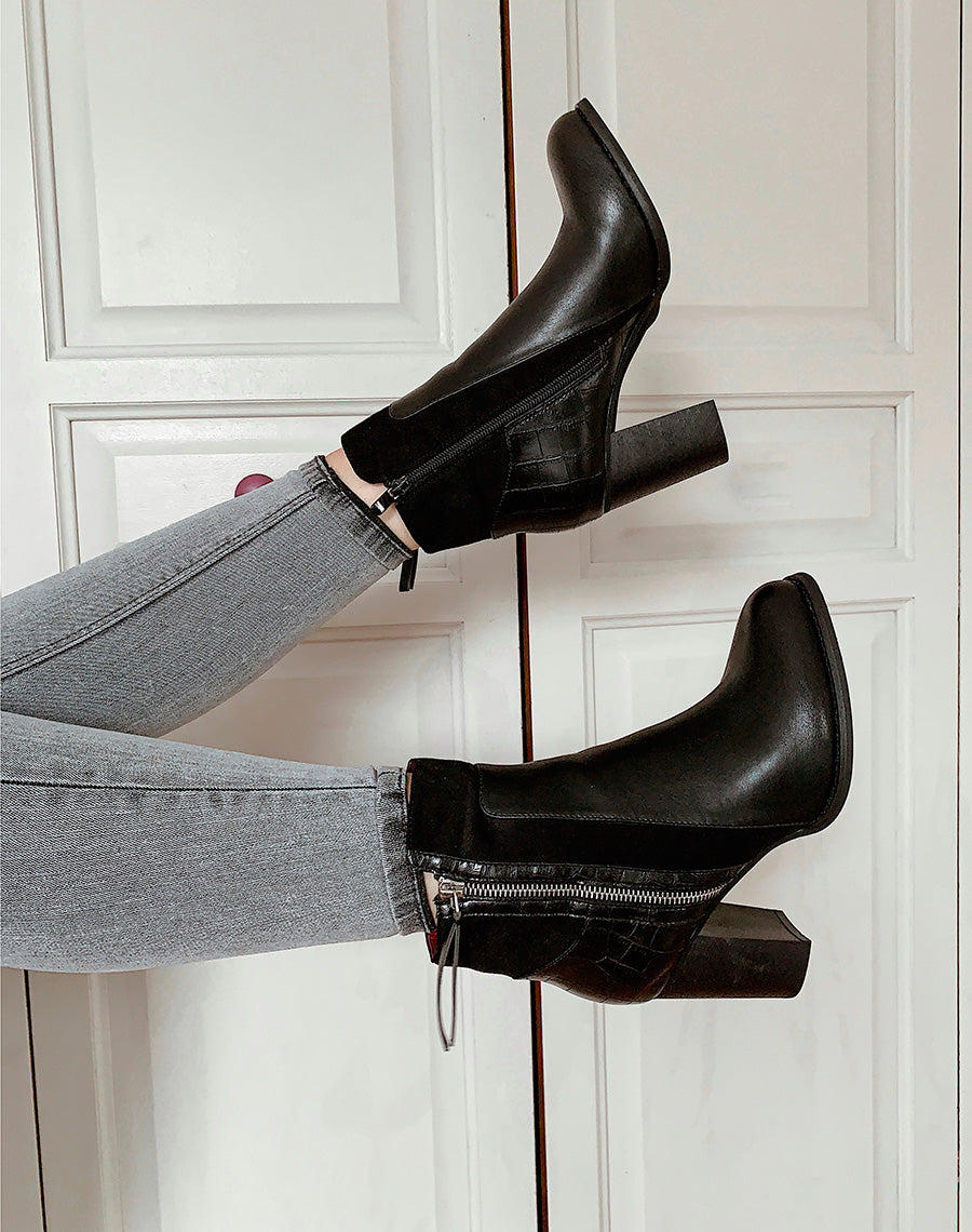 Bottines noires bi-matières à finition croco