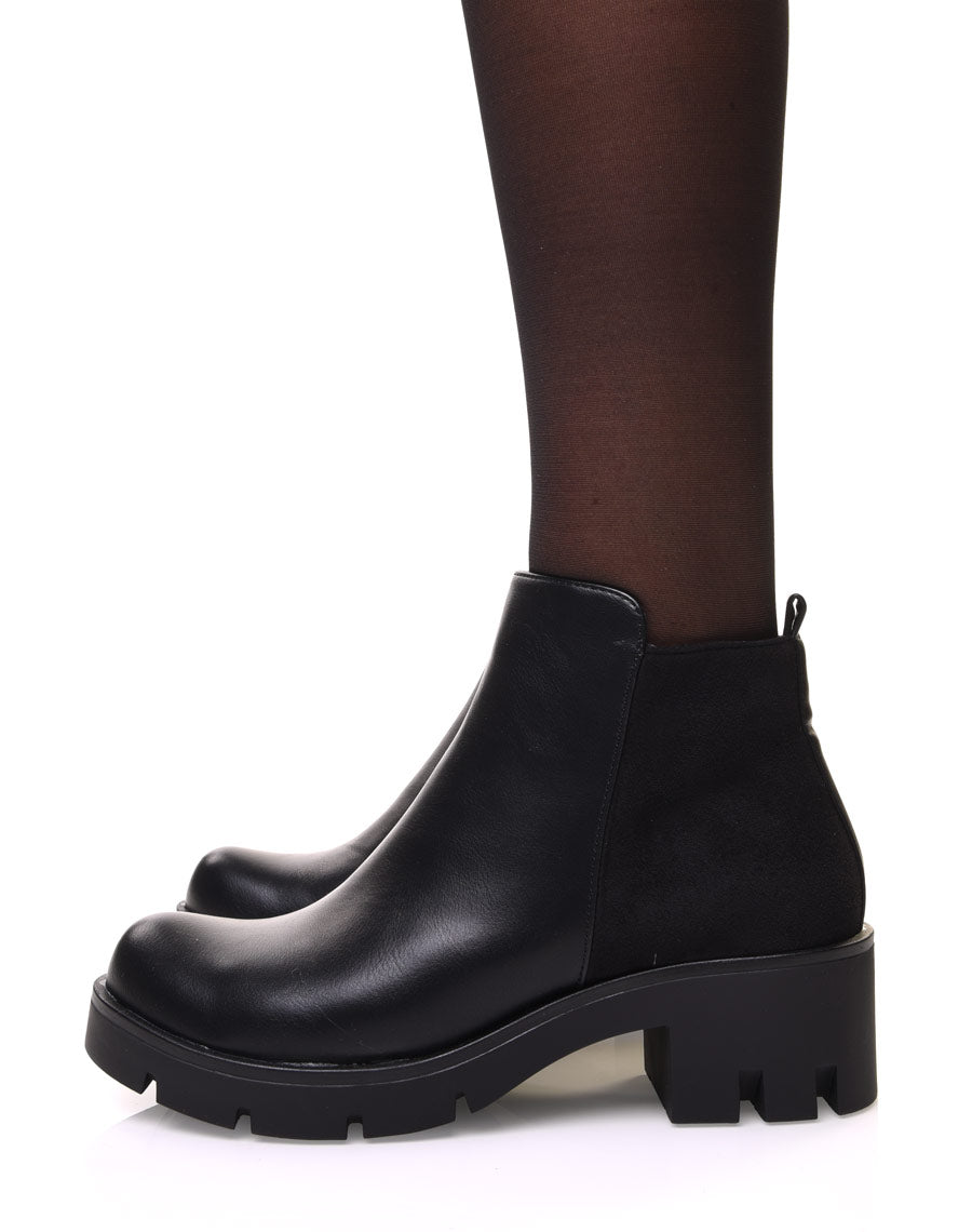 Bottines noires bi matières à petit talon et semelle crantée