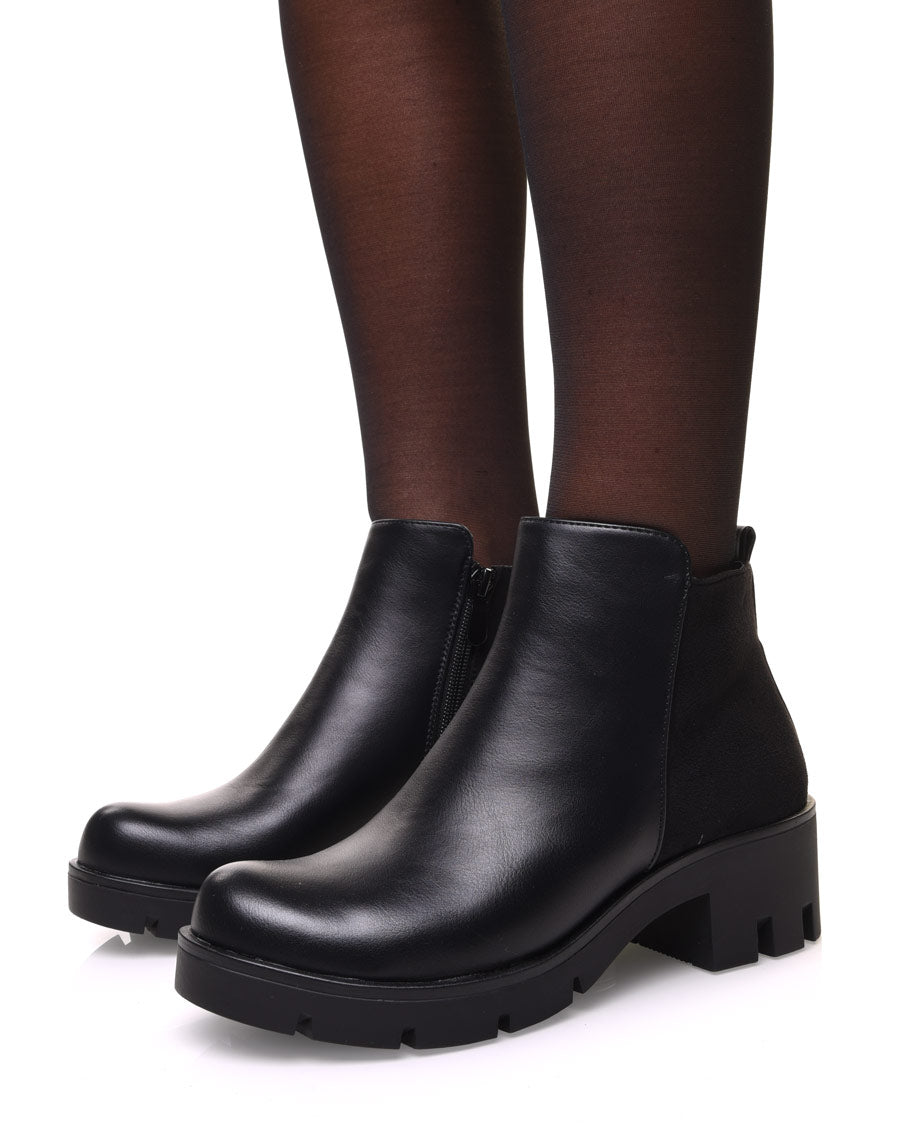Bottines noires bi matières à petit talon et semelle crantée