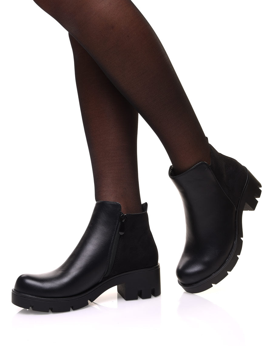 Bottines noires bi matières à petit talon et semelle crantée
