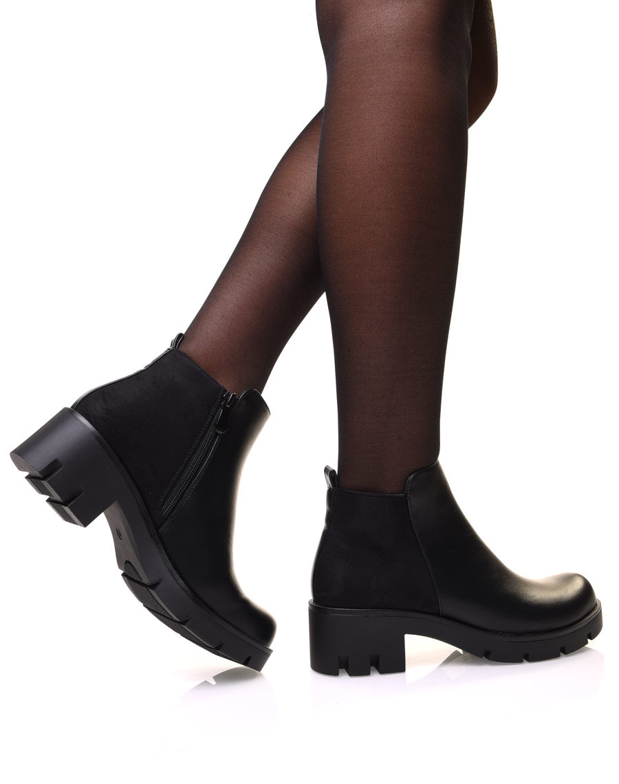 Bottines noires bi matières à petit talon et semelle crantée
