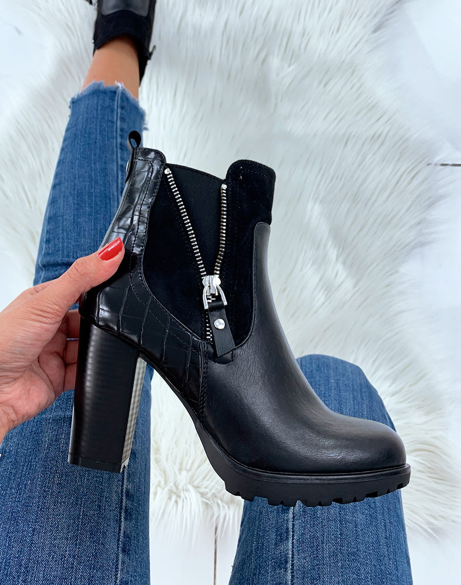 Bottines noires bi-matières à talon