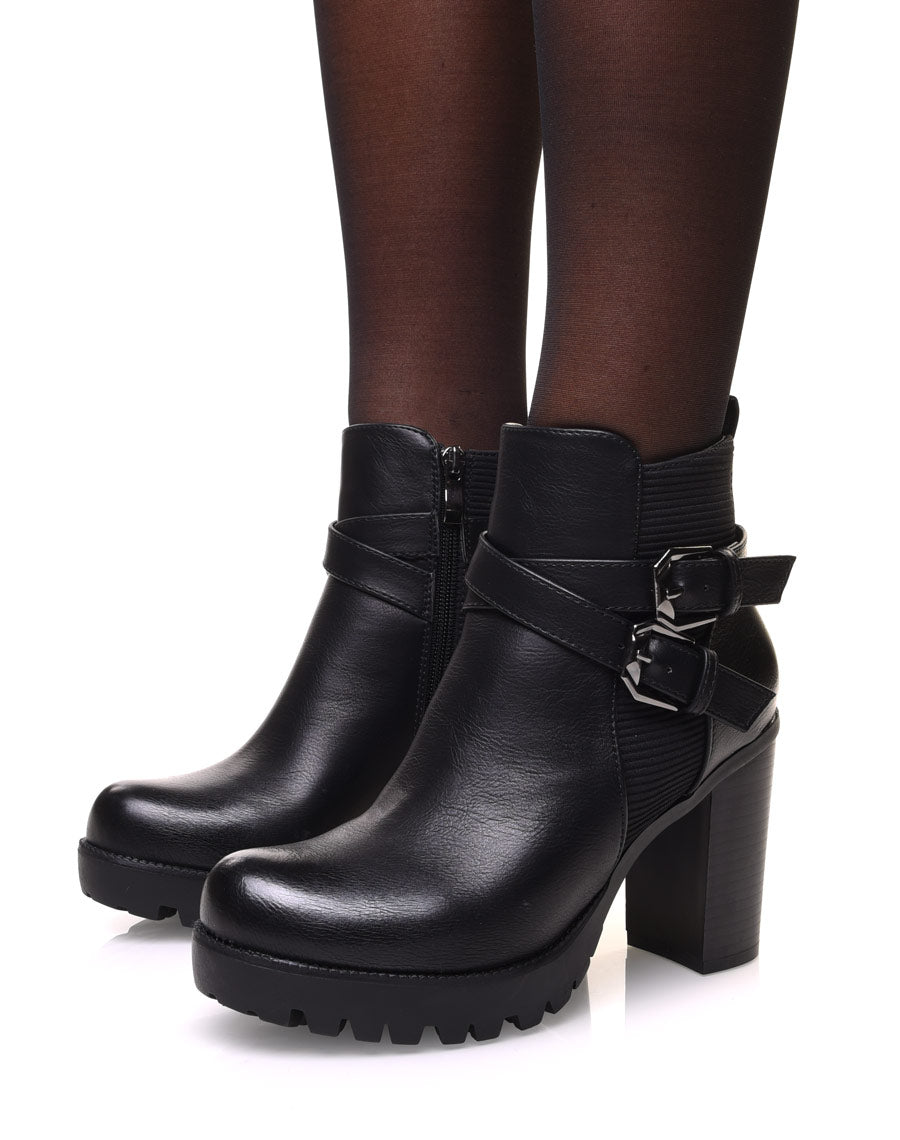 Bottines noires bi matières à talon et sangles entrelacées