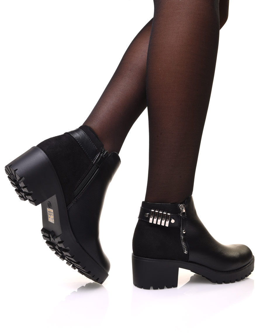 Bottines noires bi matières à talon mi haut