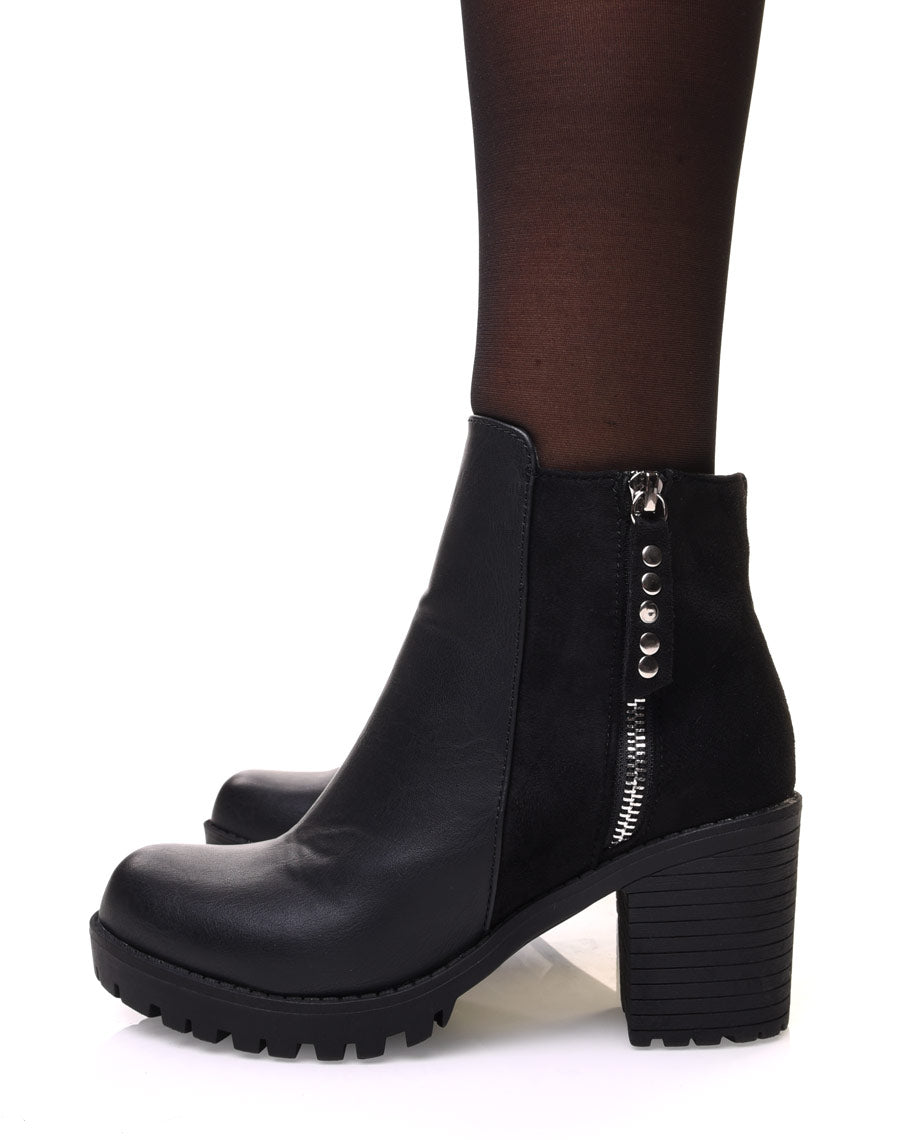 Bottines noires bi matières à talon mi haut