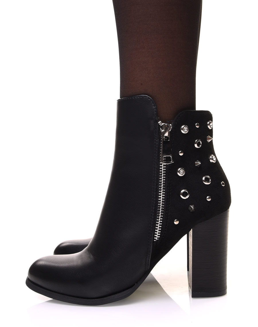 Bottines noires bi matières à talons et détails cloutés