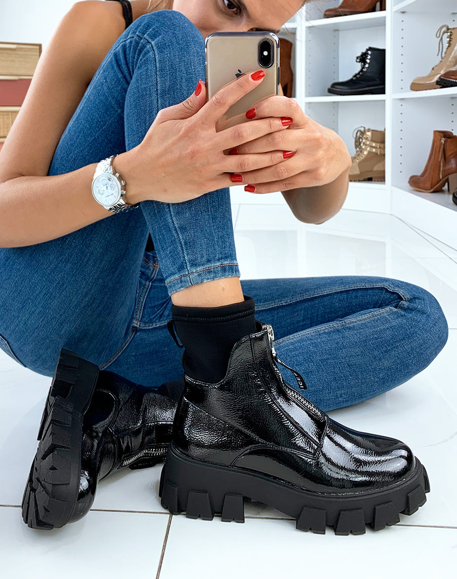 Bottines noires chaussette à plateforme crantée