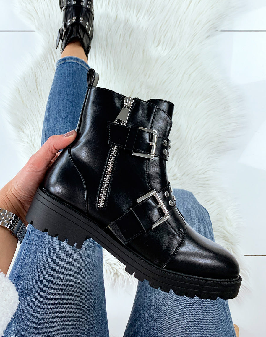 Bottines noires à double lanières et fermeture