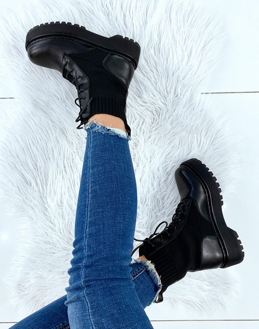 Bottines noires effet chaussette à grosse plateforme