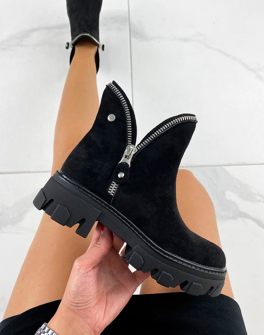 Bottines noires en suédine effet pétale zipée