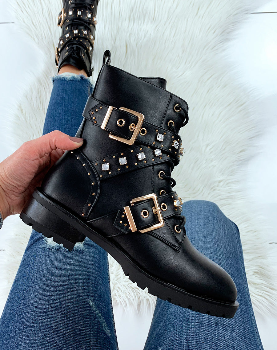 Bottines noires à lacets et détails dorés