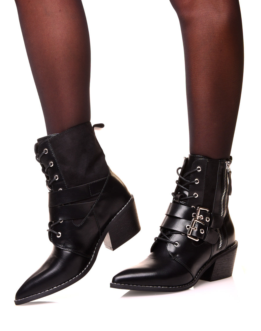 Bottines noires à lacets et à talons biseautés bi-matières