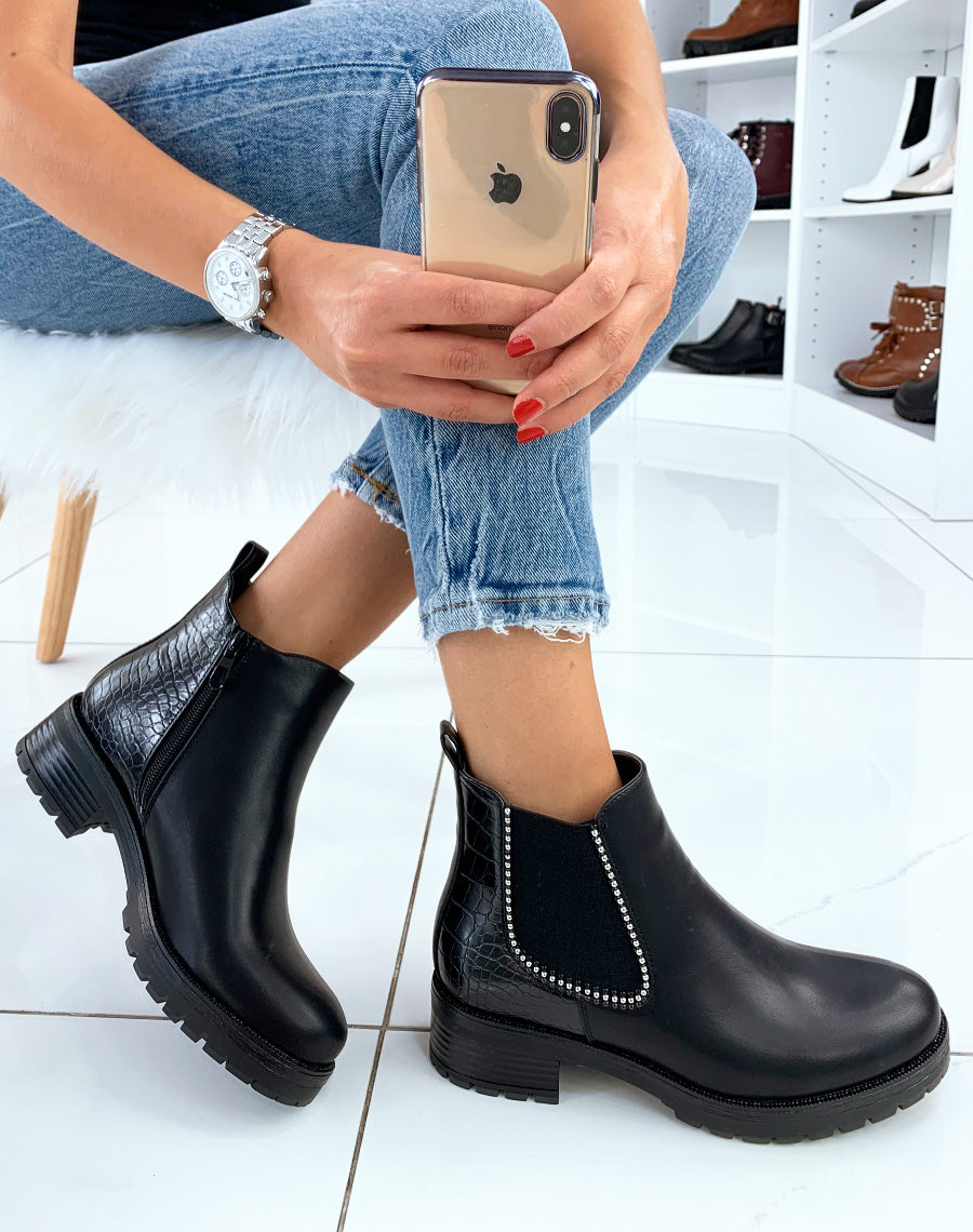 Bottines noires lisse et effet croco à clou