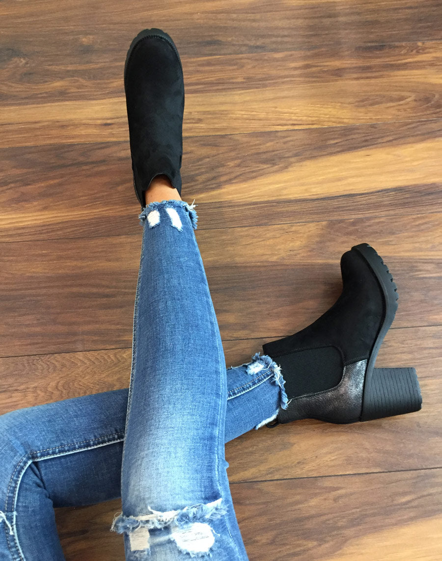 Bottines noires mi hautes bi-matières 