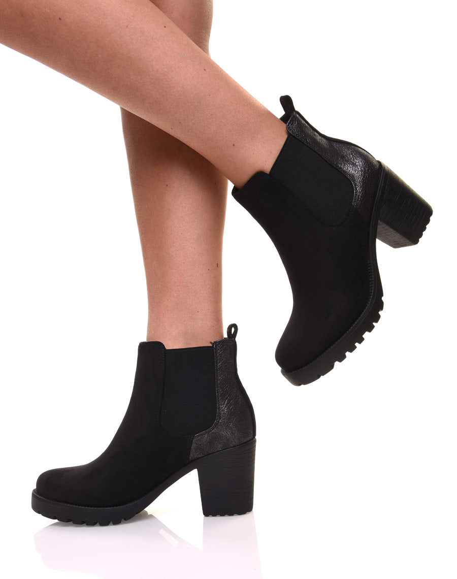 Bottines noires mi hautes bi-matières 
